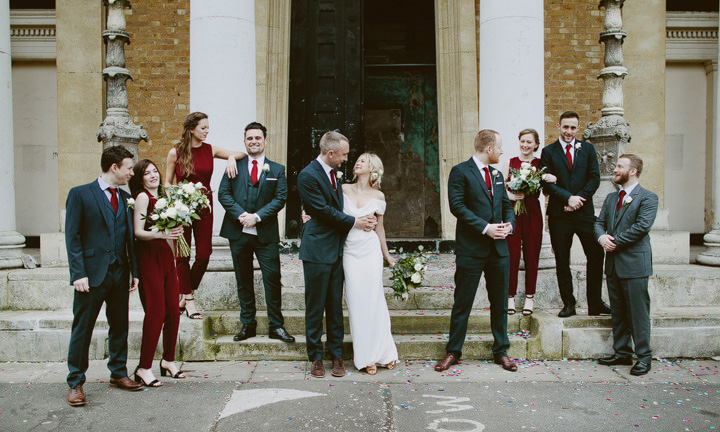 Bridal party in front of the Asylum chapel in Winter