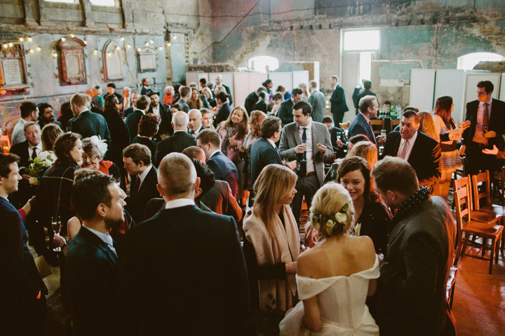 Wedding guests enjoying a drinks reception at the Asylum chapel