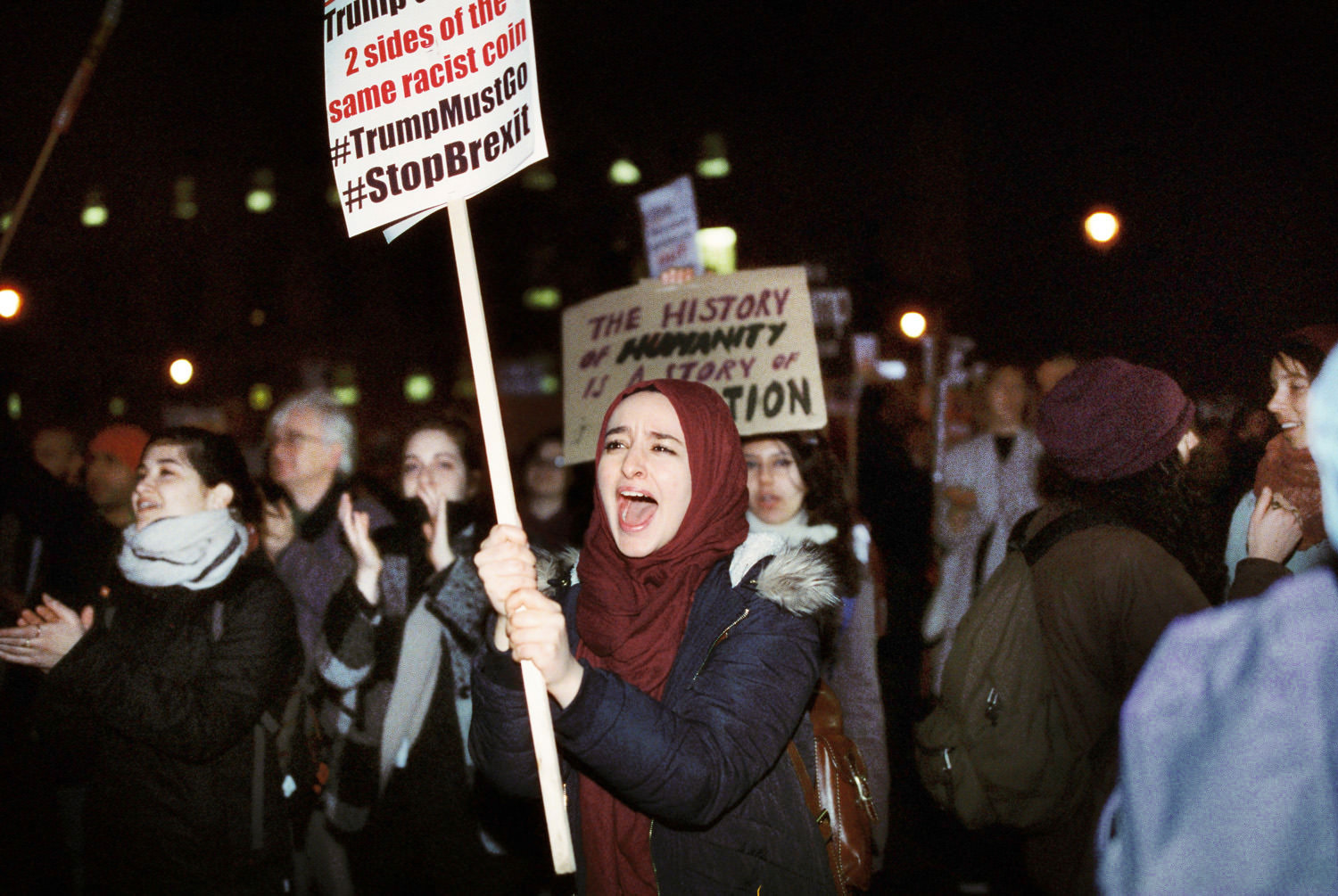 Muslim woman shouting at march against Trump UK visit