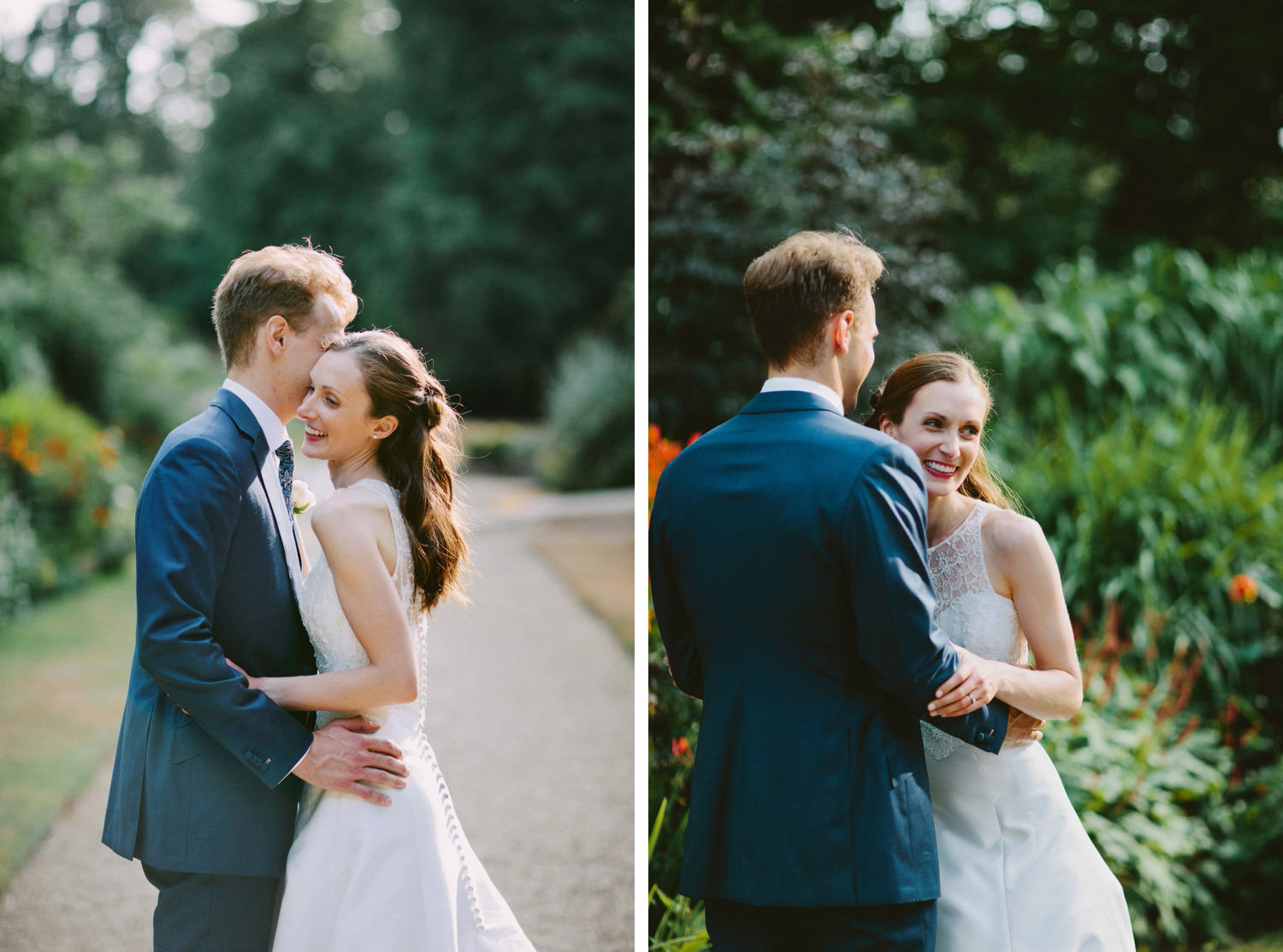 portrait of bride and groom smiling in gardens of Rhodes House wedding venue