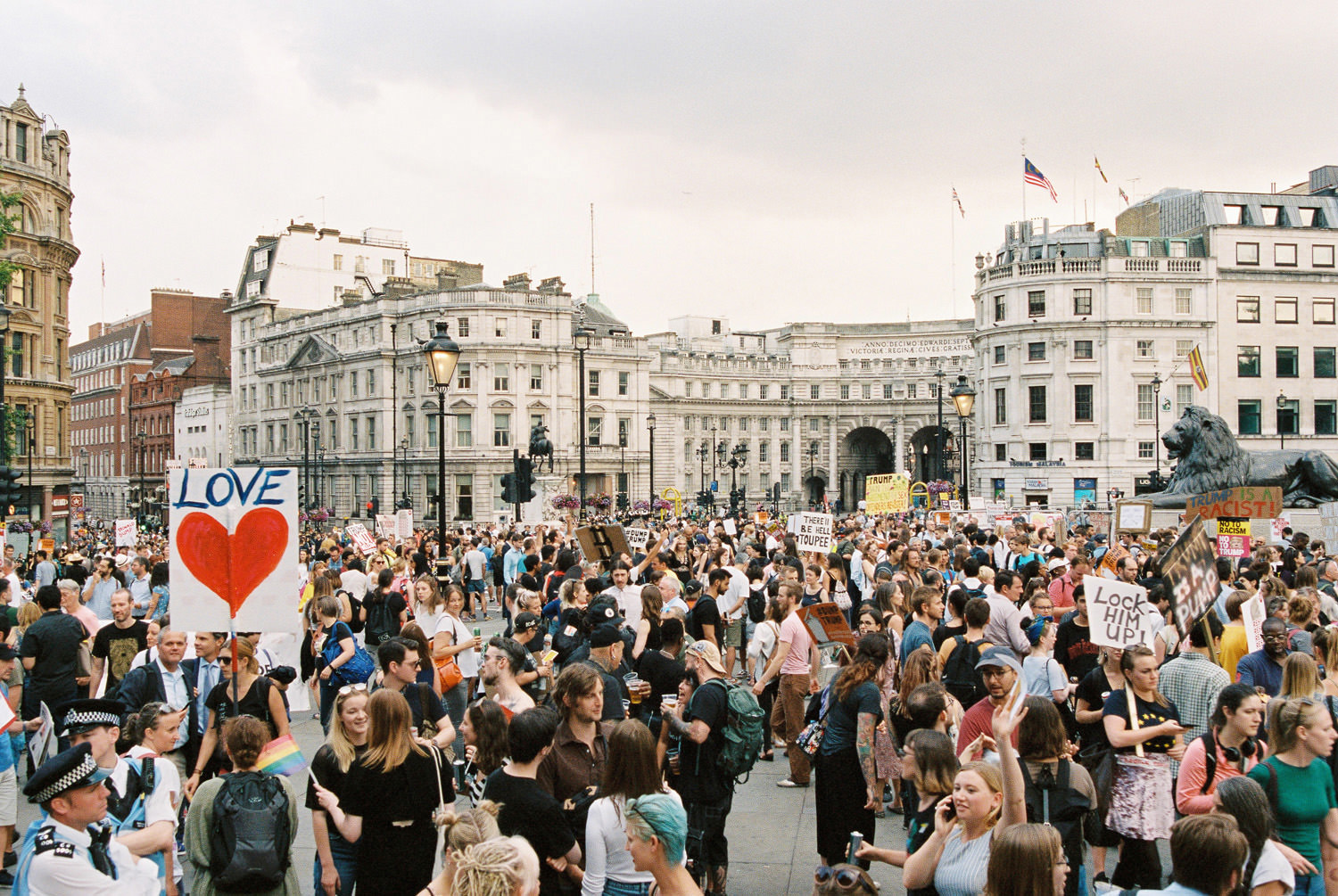 crowds at london Trump protest in Trafalgar Square