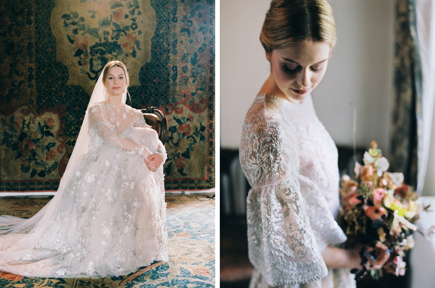 bride sitting in front of William Morris wall hanging