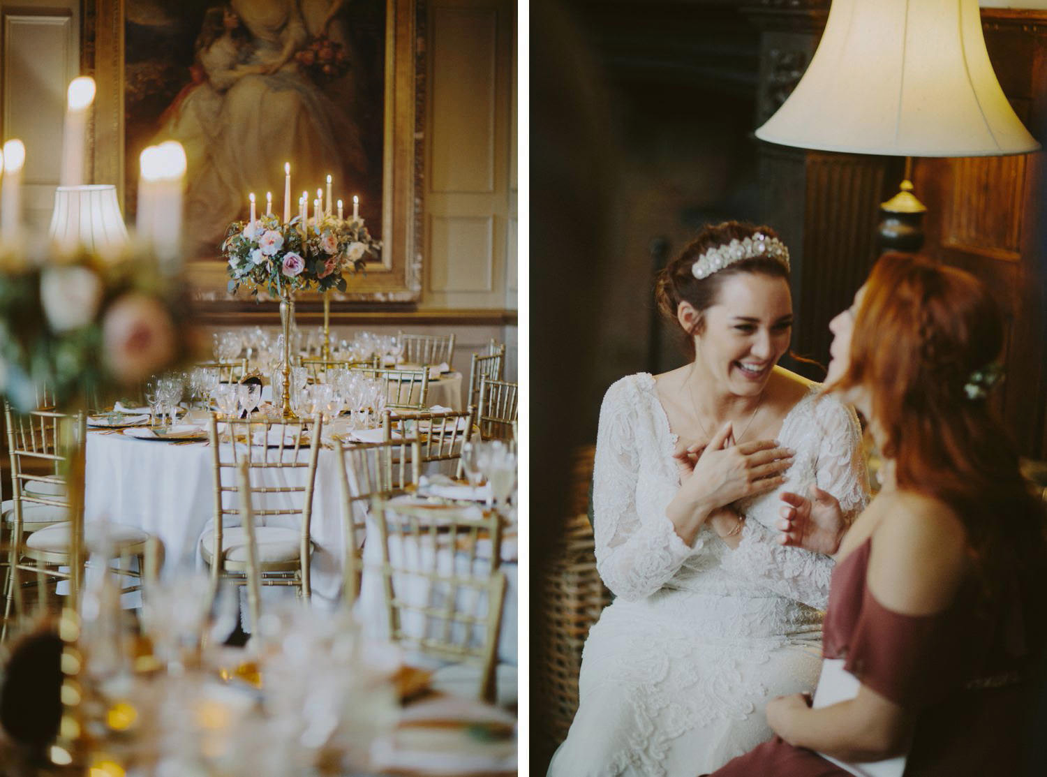 bride chats with friend on sofa
